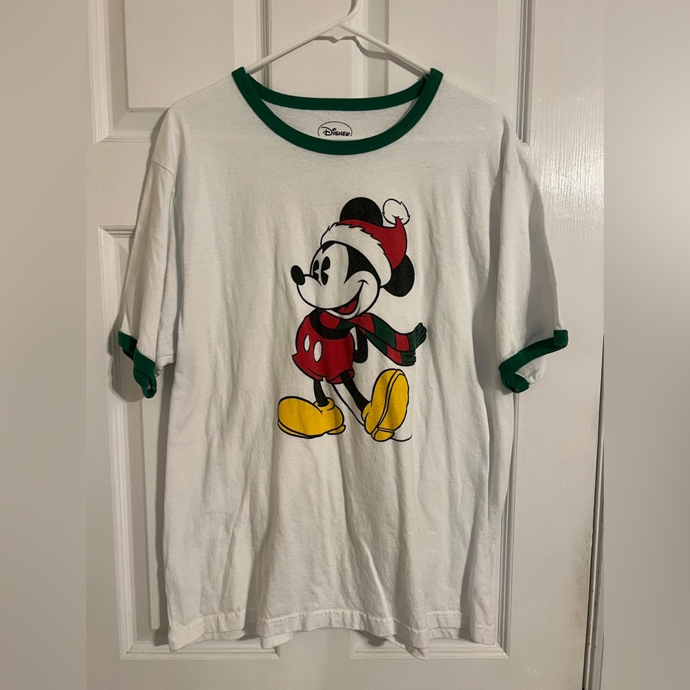 Disney White T-Shirt with Green Trim and Holiday Mickey Graphic